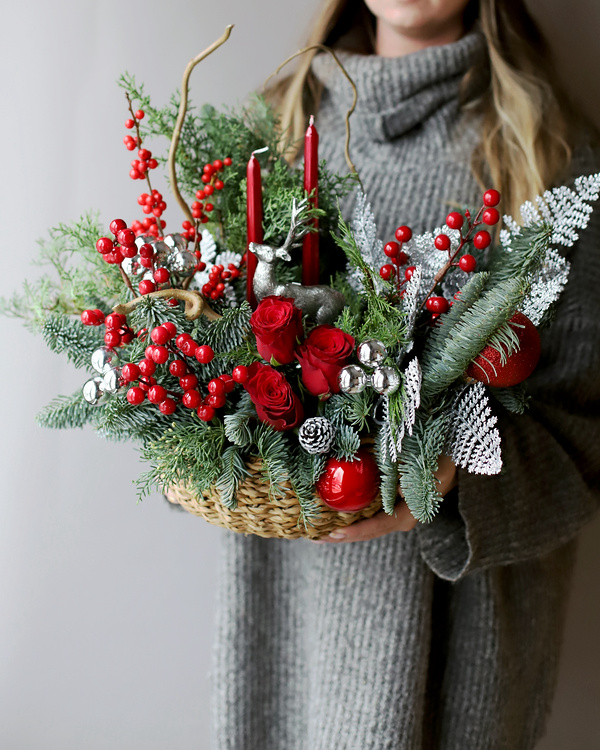 “New Year basket with decor and flowers”