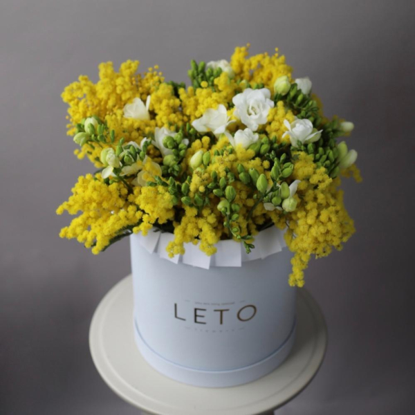 Mimosa with Freesia in a hat box - Размер L