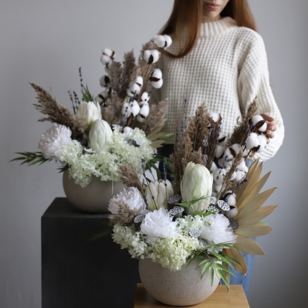 Arrangement with Protea and Cotton in a Pot