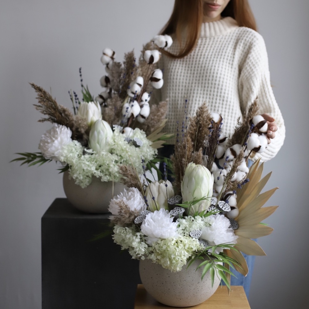 Arrangement with Protea and Cotton in a Pot Arrangement with Protea and Cotton in a Pot