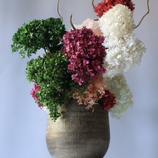 Arrangement of Preserved Hydrangeas in a Pot