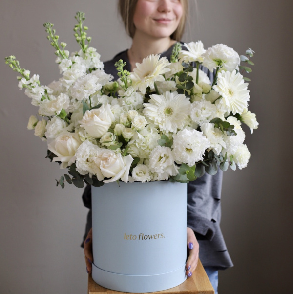 “Creamy white signature hat box”