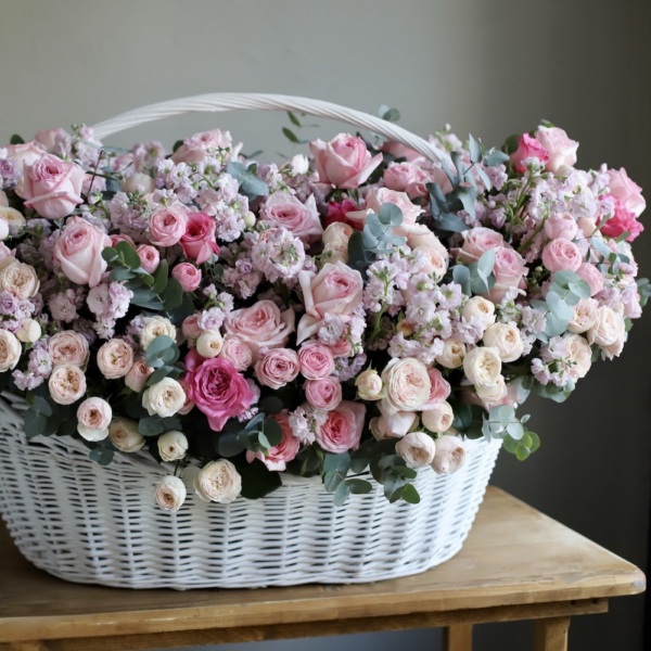 Basket with Garden roses, Spray roses and Stock - Размер 4XL 