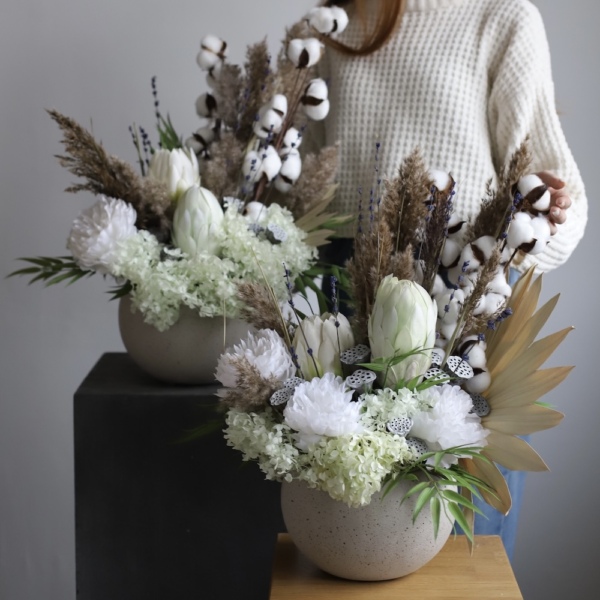 Arrangement with Protea and Cotton in a Pot