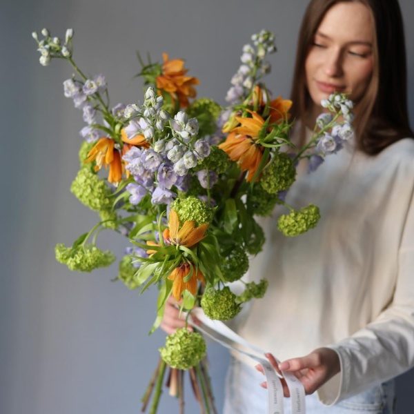 A bouquet of viburnum, delphinium and fritillary - Размер M