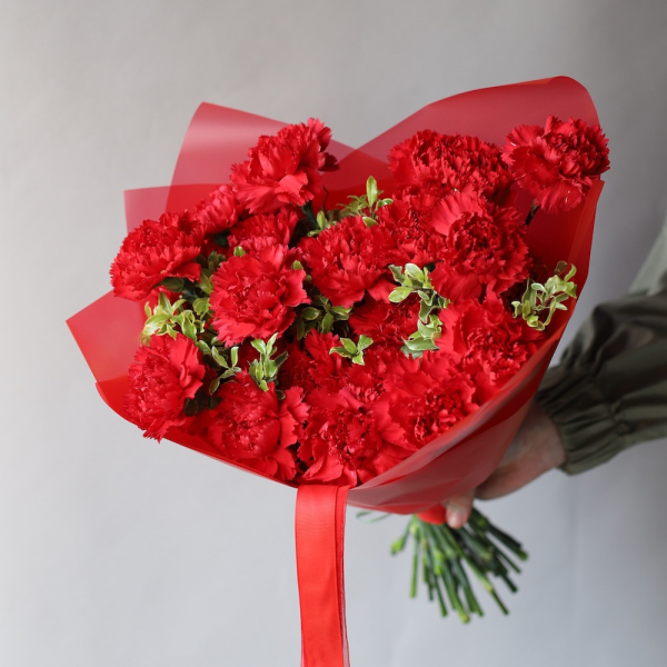 Red carnations - 19 гвоздик зеленью 