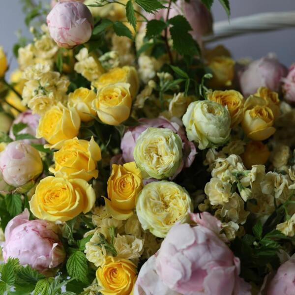 Peonies, Spray Roses and Stock in a basket