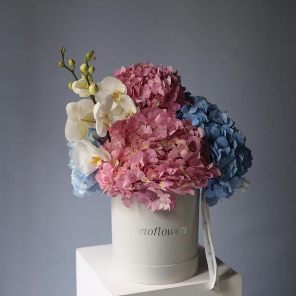 Orchids with Hydrangea in a hat box - Размер M