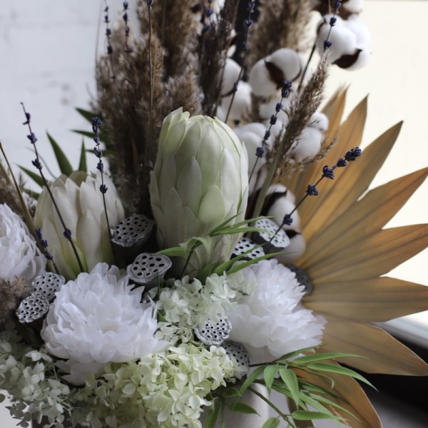 Arrangement with Protea and Cotton in a Pot