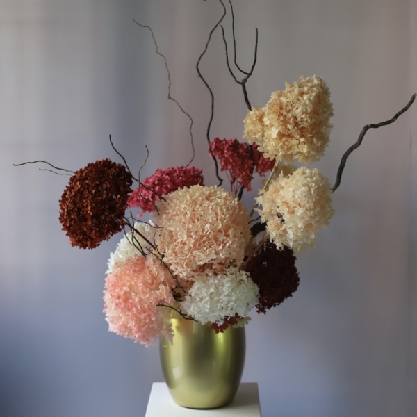 Arrangement of Preserved Hydrangeas in a Pot