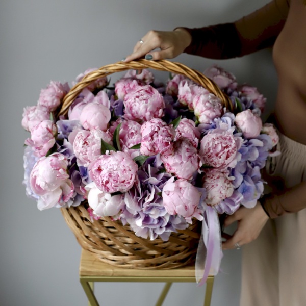 Peonies and Hydrangea in a basket