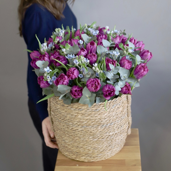 Basket with Tulips and Oxypetalum - Размер L