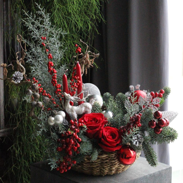 New Year basket with decor and flowers