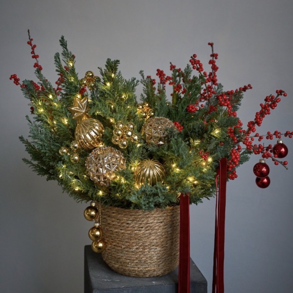New Year basket 'Golden red' - Размер L с гирляндой