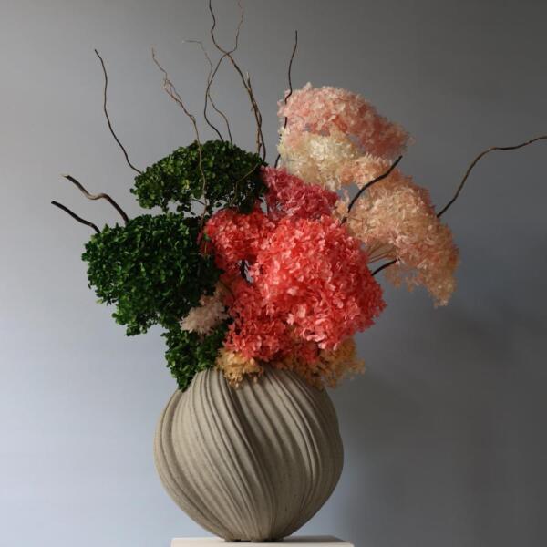 Arrangement of Preserved Hydrangeas in a Pot