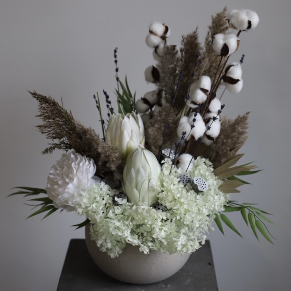 Arrangement with Protea and Cotton in a Pot
