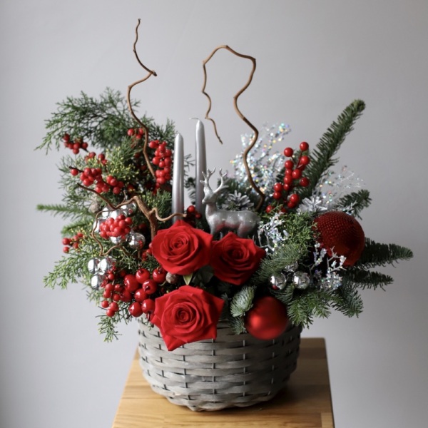 New Year basket with decor and flowers