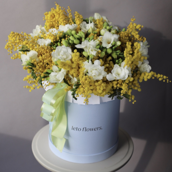 Mimosa with Freesia in a hat box - Размер L