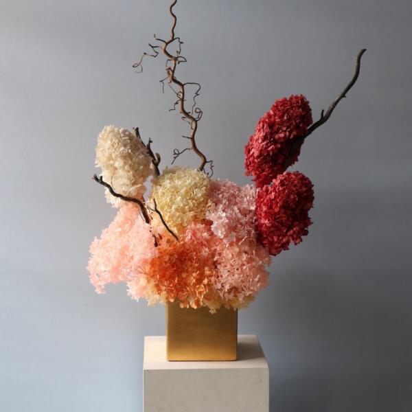Arrangement of Preserved Hydrangeas in a Pot