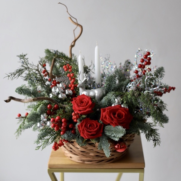 New Year basket with decor and flowers