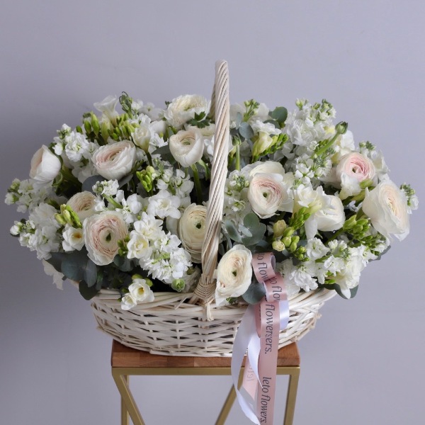 Ranunculuses with Freesia and Stock in a basket - Размер L